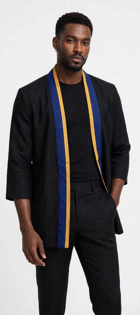 Veste kimono noire à revers bleu roi et liseré or, portée